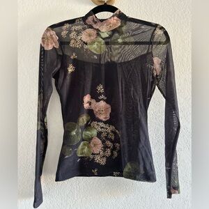 AllSaints Black Floral Mesh Mock Neck Long Sleeve Top Size 4 NWT